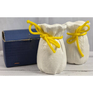 Colonial of Cape Cod Candle Holders, 1 Pair in White, 'Sack' Theme w/Yellow Ties